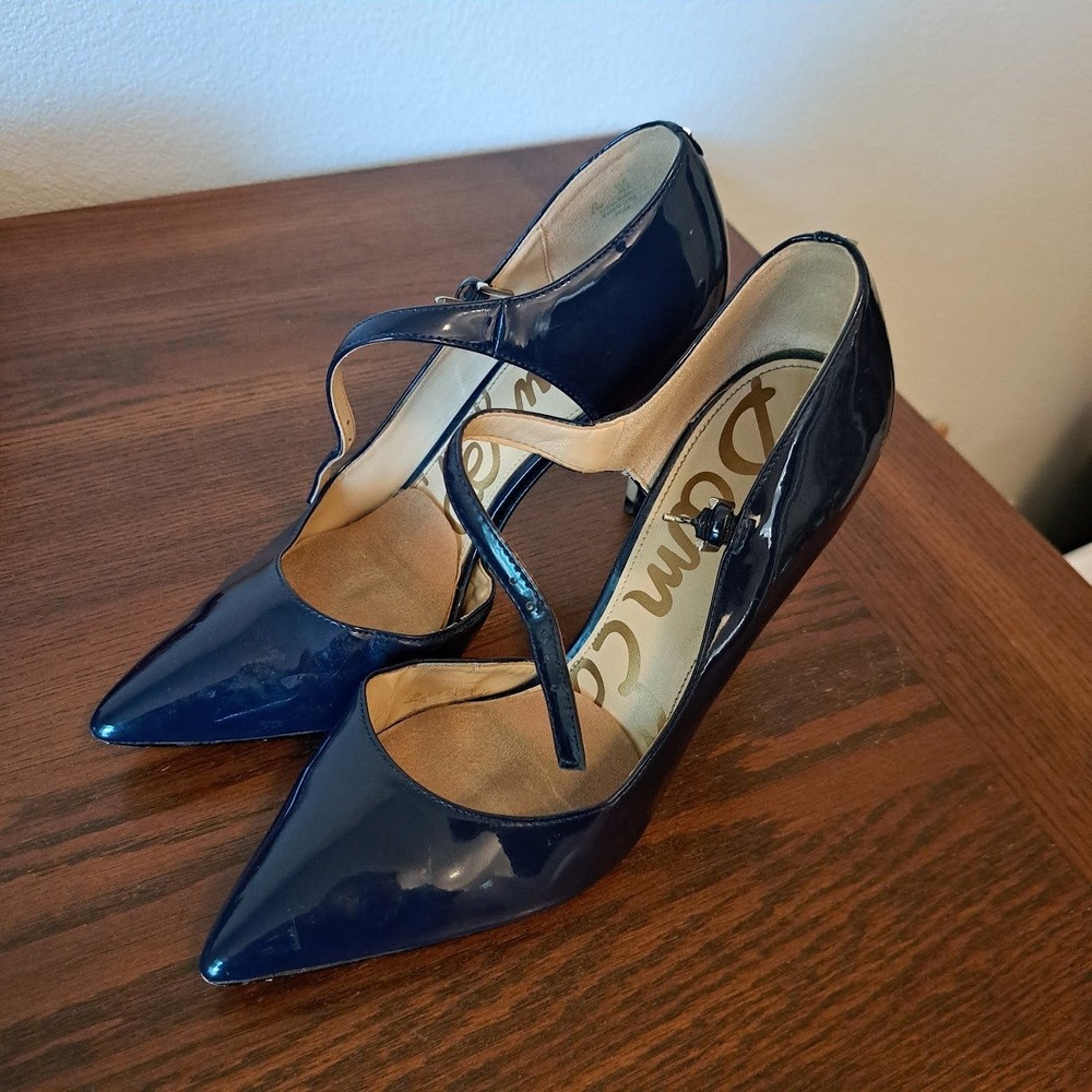 Sam Edelman Navy Blue Patent Leather Mary Jane d'Orsay Pointed Toe Pumps 8.5